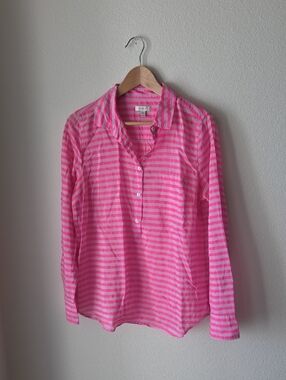 J. Crew Silk and Cotton Blend Pink Striped Button Down Shirt Sz 12 Lightweight